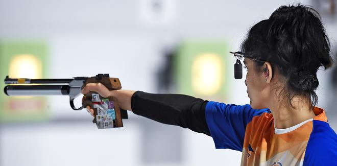 FILE PHOTO: Manu Bhaker at the 2018 Youth Olympic Games.