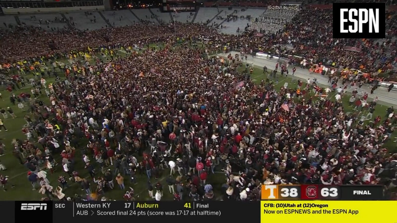 Fans storm the field after South Carolina's upset win against No. 5 Tennessee