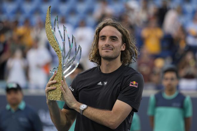 Greek Stefanos Tsitsipas celebrates after he beats Andrey Rublev of Russia in the final of the Mubadala World Tennis Championshi, in Abu Dhabi, United Arab Emirates on Sunday.