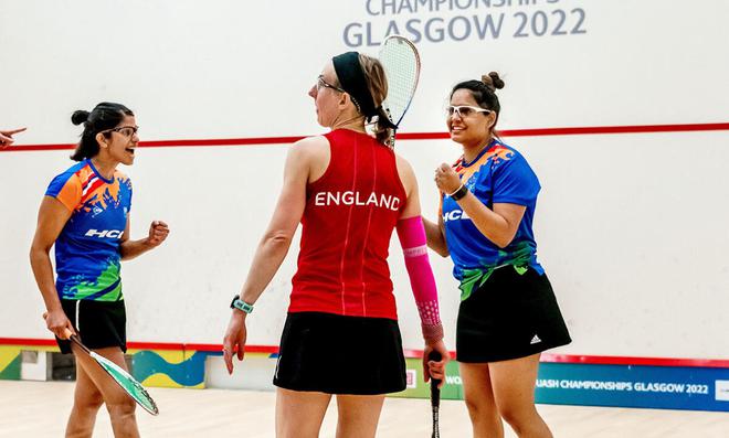 India’s Dipika Pallikal and Joshna Chinappa celebrate after defeating England 2-1 in the women’s doubles finals of 2022 WSF World Doubles Squash Championships in Glasgow, Scotland. 