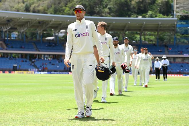 England captain Joe Root leaves the field after losing the third Test match against West Indies at the National Cricket Stadium in Grenada. 
