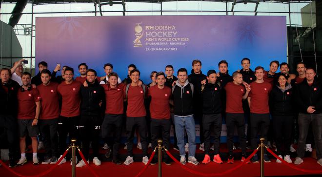Defending champion Belgium hockey team arrive at the Biju Patnaik International airport for the FIH Hockey Men’s World Cup 2023 in Bhubaneswar-Rourkela. 